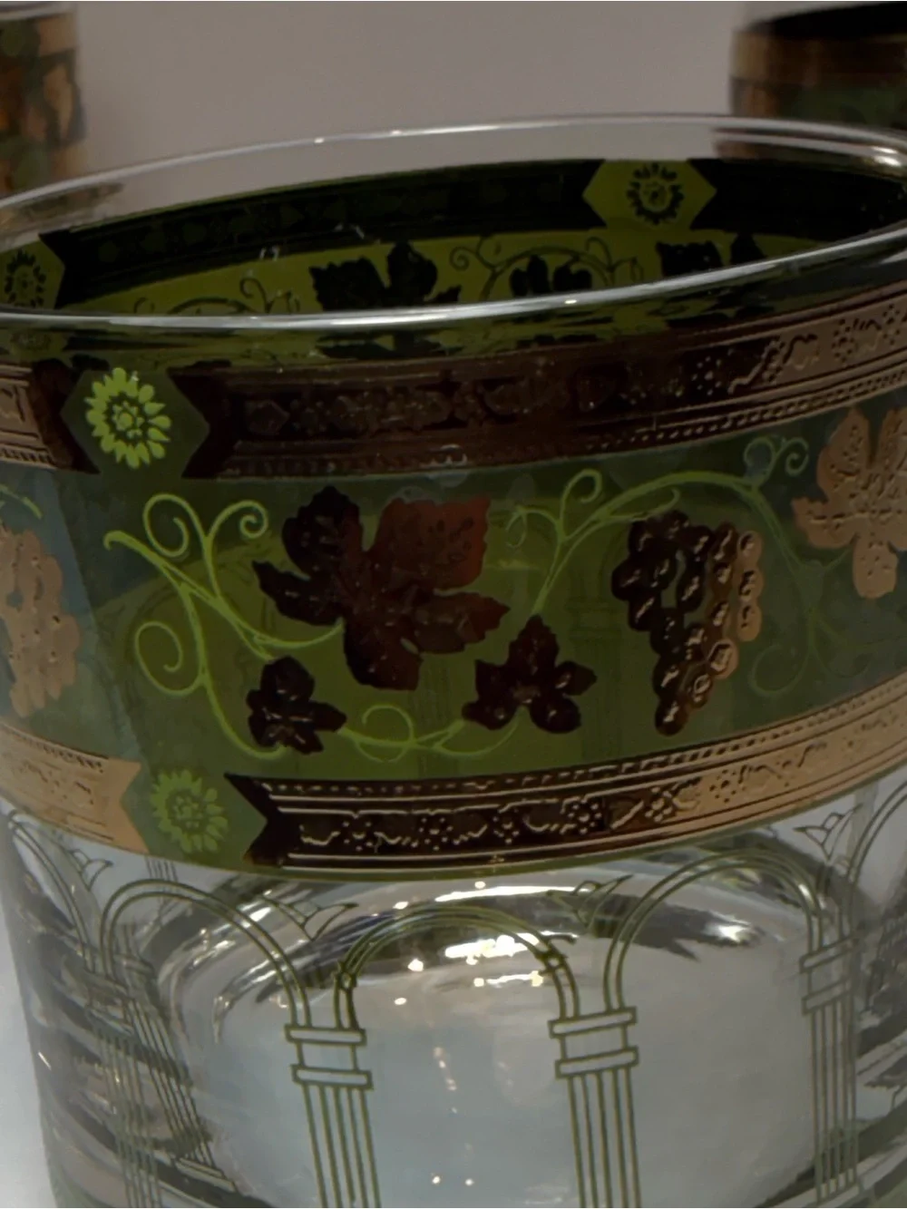 Vintage Green Cera Glass Golden Grapes  Barware Set of 5- MCM